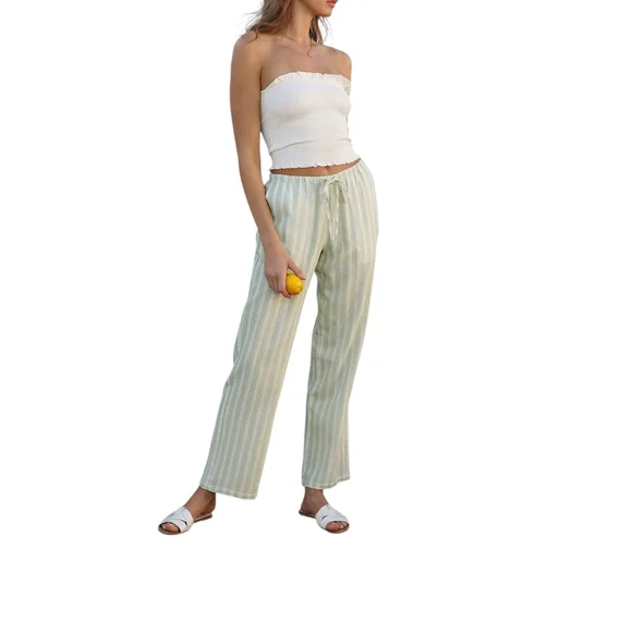 NWT - Cali 1850 - Sage Green Striped Lined Blend Wide Leg Pants - Small - Picture 5 of 14